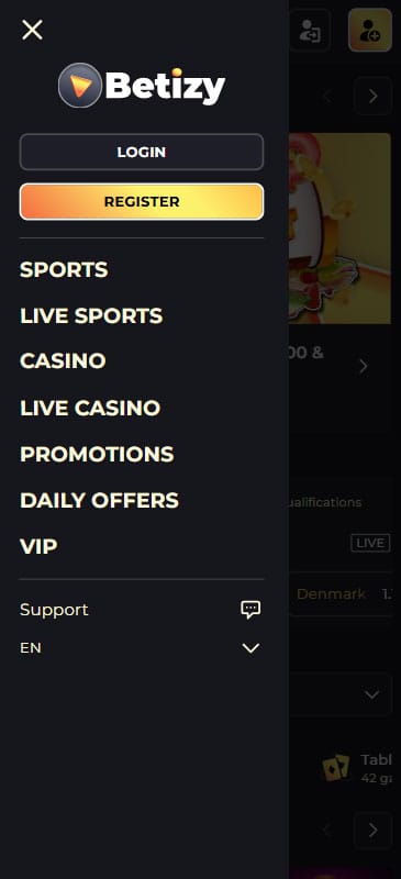 Betizy casino mobile app menu